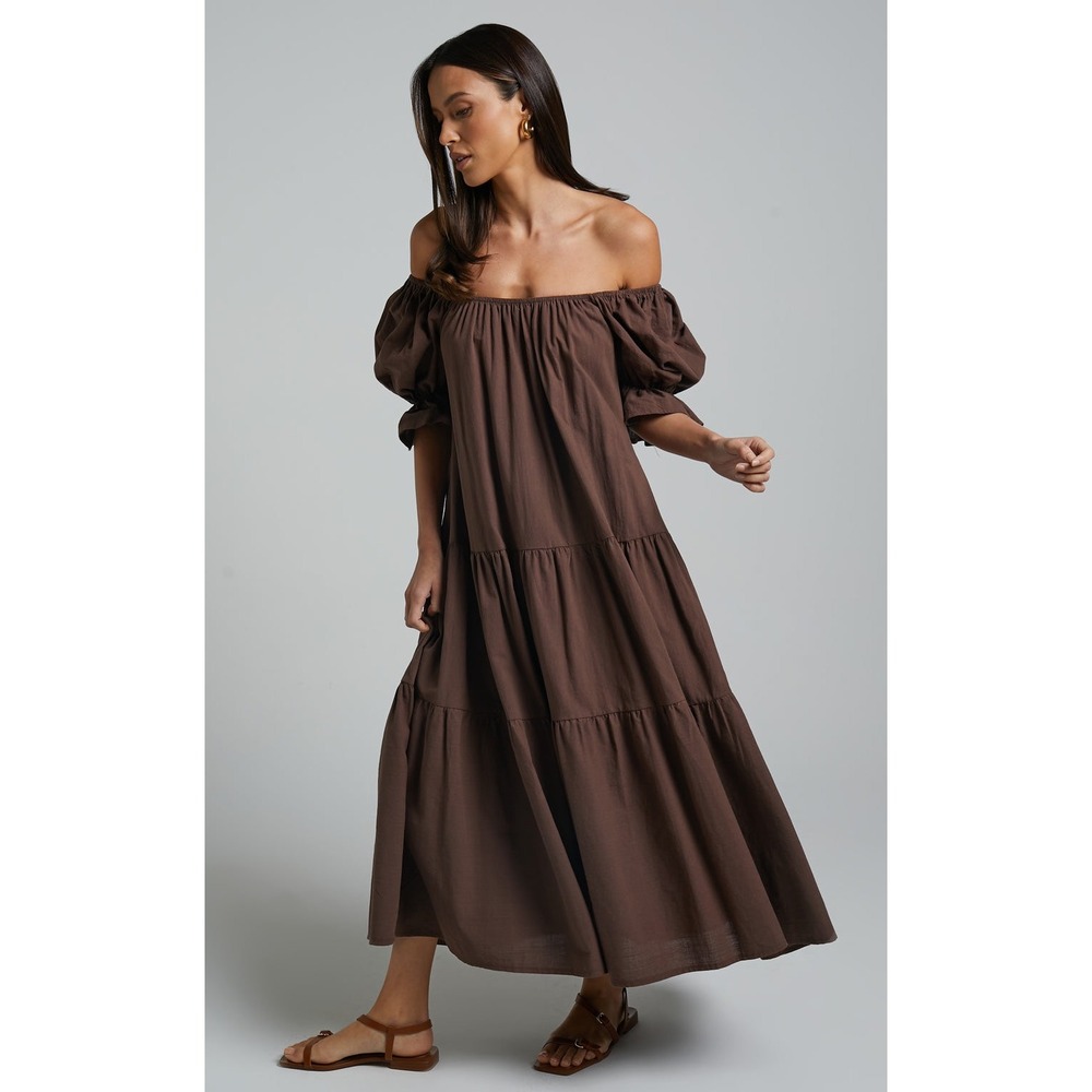 Showpo Zaharrah Brown Off Shoulder Tiered Midi Dress US 4 - Picture 1 of 9